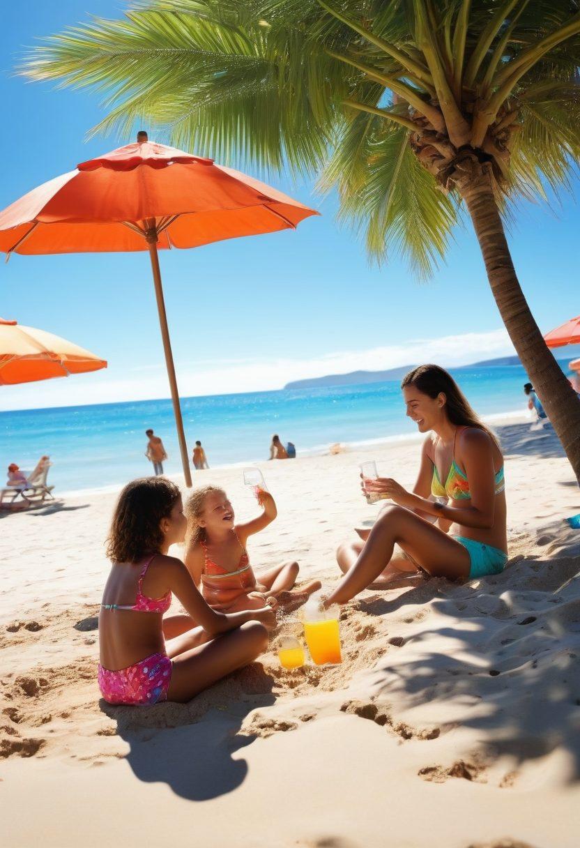 A vibrant beach scene with a diverse family enjoying a sunny day by the water, wearing colorful swimsuits. Include playful children building sandcastles, adults lounging with beach umbrellas, and a backdrop of clear blue skies and gentle waves. Emphasize the fun and joy of family adventures in summer. bright colors. tropical setting.